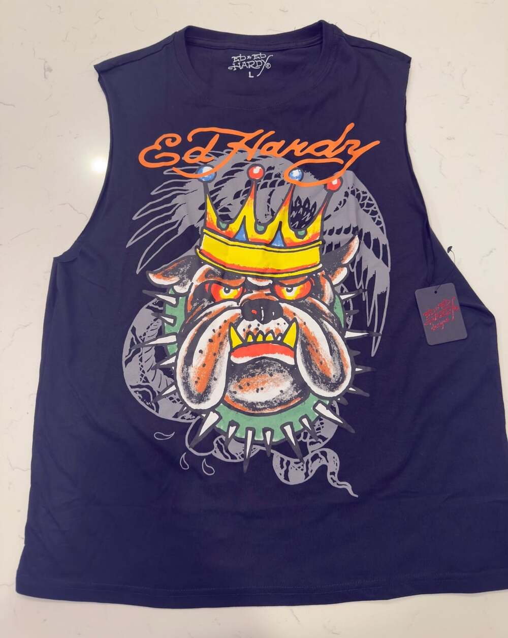 Ed Hardy Bulldog Crown Spiked Collar Graphic Tank Top Size L New